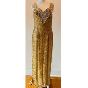Black Tie Gold Silk Sleeveless V-Neck Floor Length Beaded Gown US 10